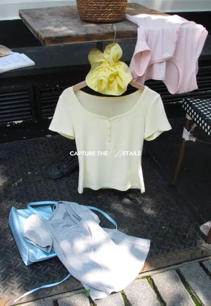 Square Neck Short Sleeve Knit T Shirt