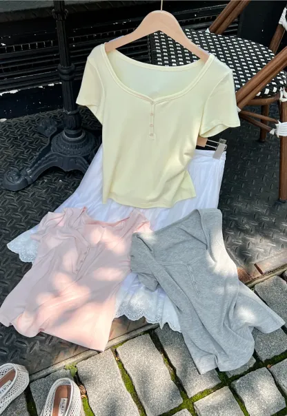 Square Neck Short Sleeve Knit T Shirt