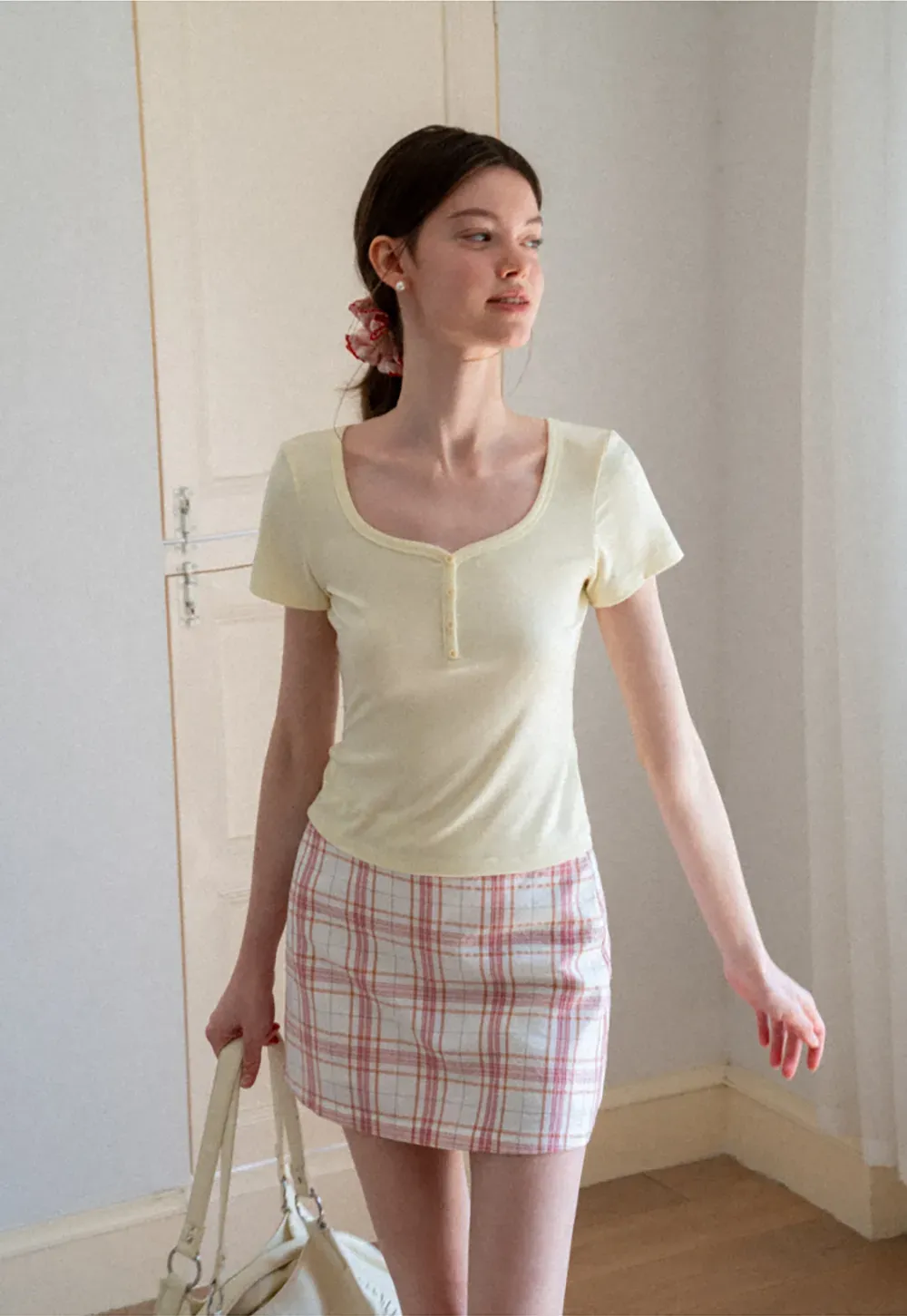 Square Neck Short Sleeve Knit T Shirt