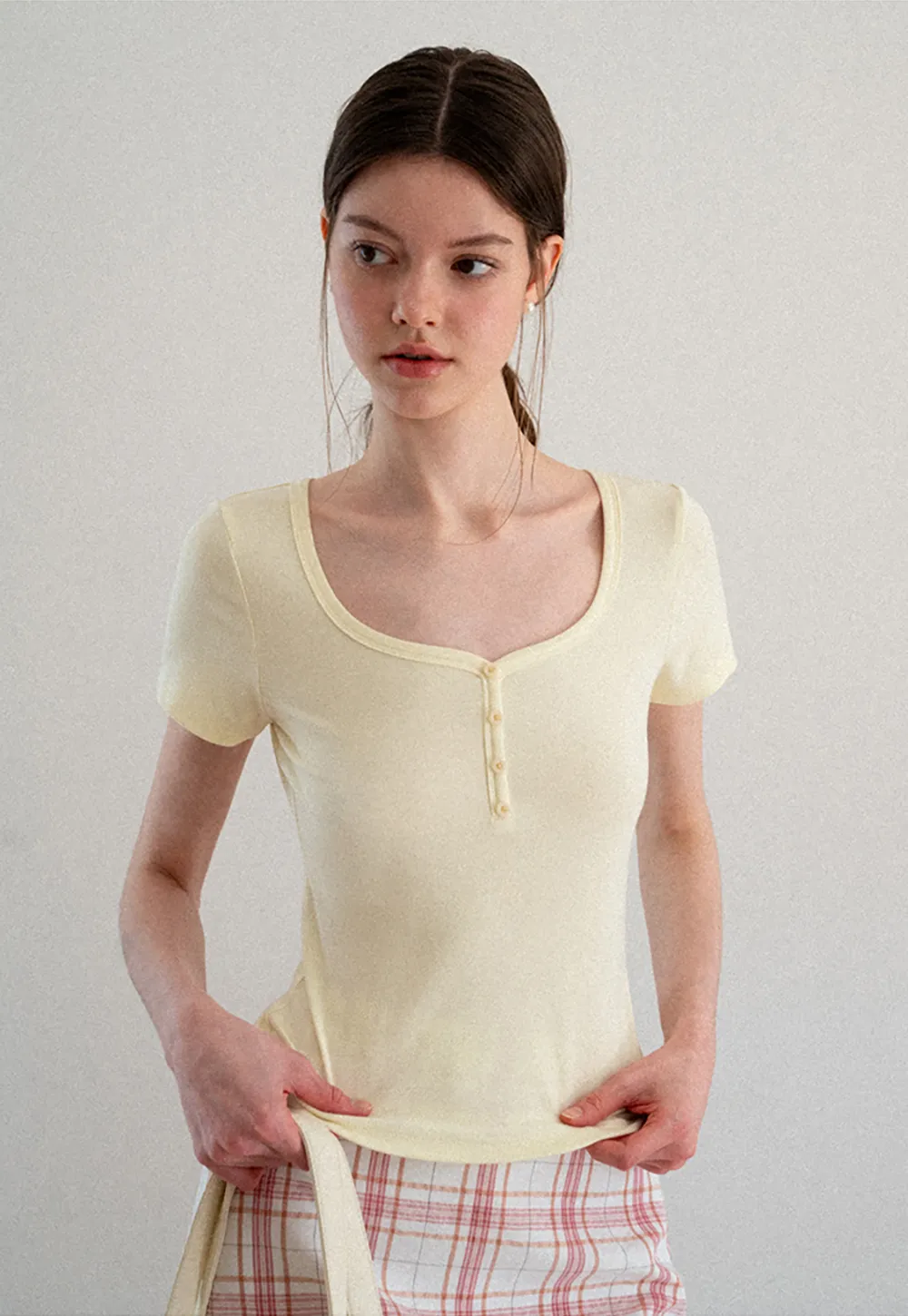 Square Neck Short Sleeve Knit T Shirt