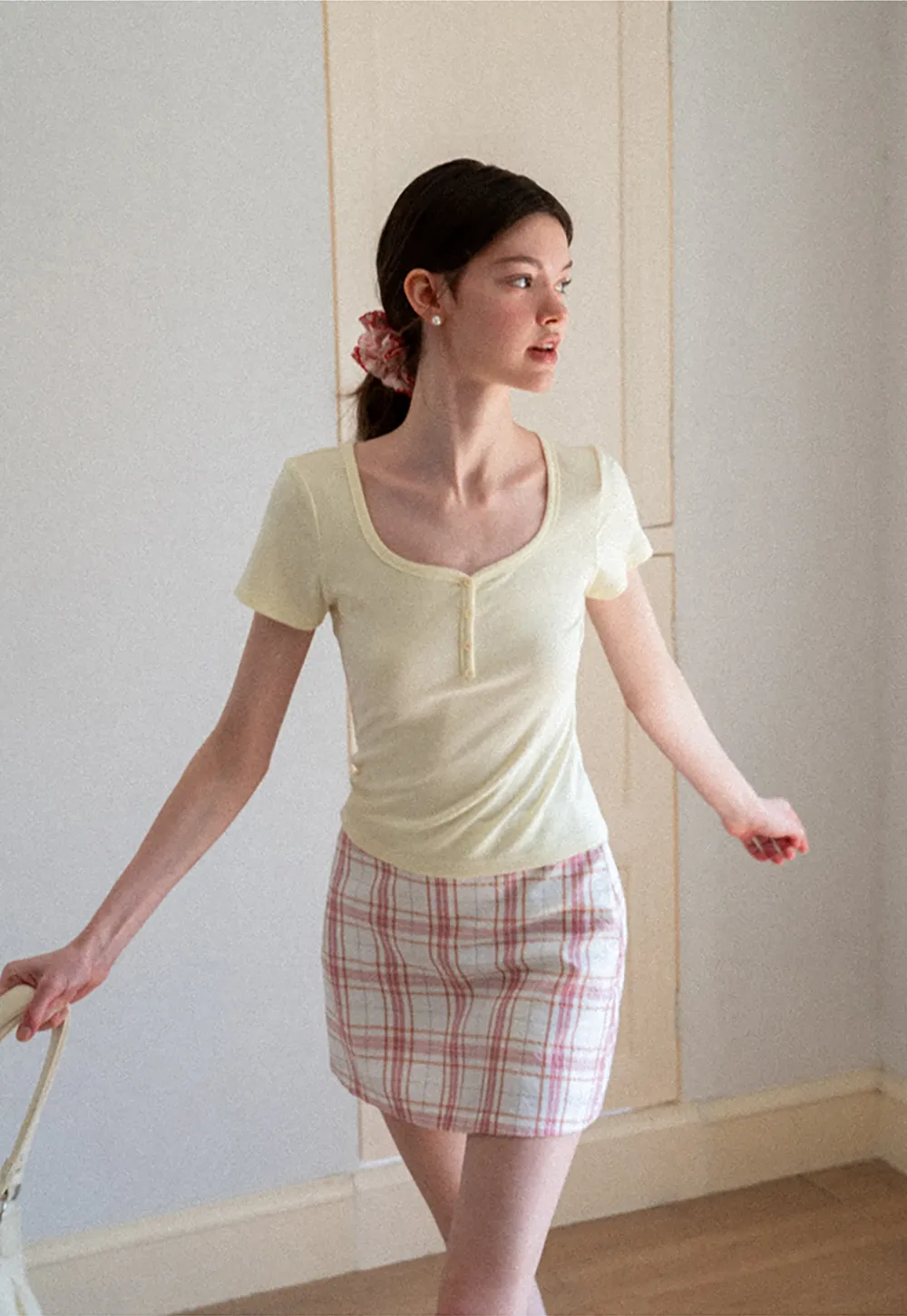 Square Neck Short Sleeve Knit T Shirt