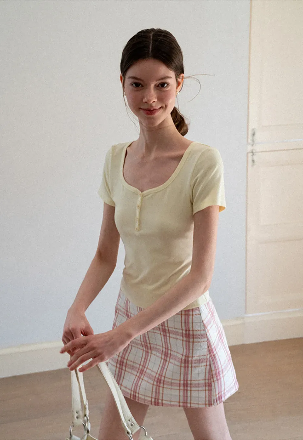 Square Neck Short Sleeve Knit T Shirt