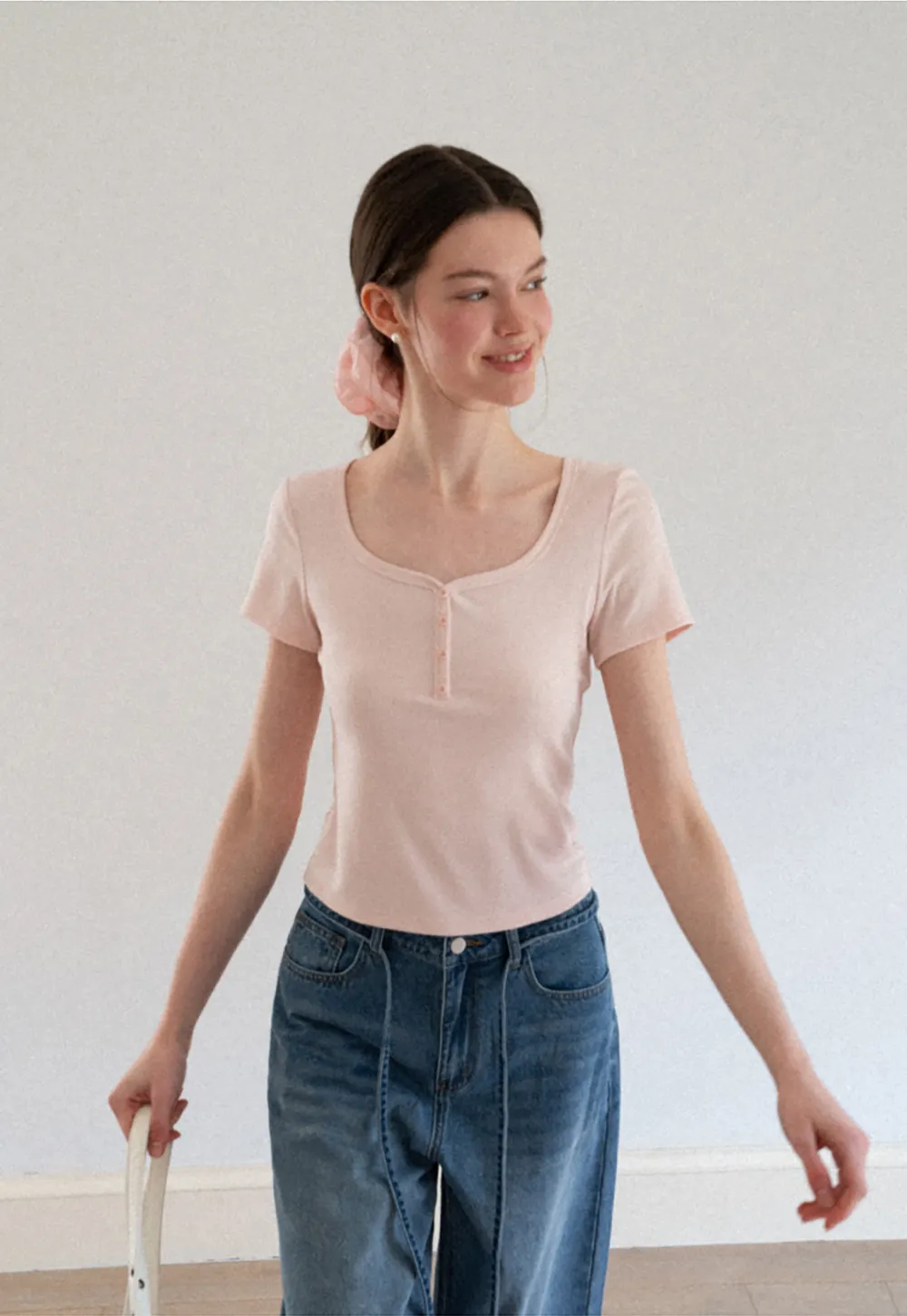 Square Neck Short Sleeve Knit T Shirt