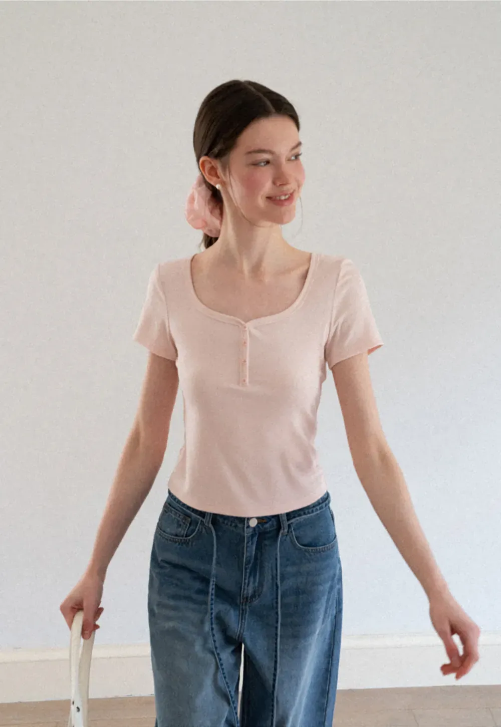 Square Neck Short Sleeve Knit T Shirt