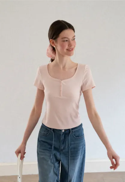 Square Neck Short Sleeve Knit T Shirt