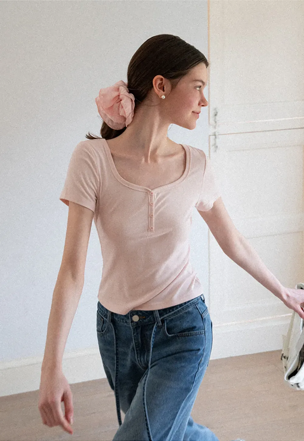 Square Neck Short Sleeve Knit T Shirt