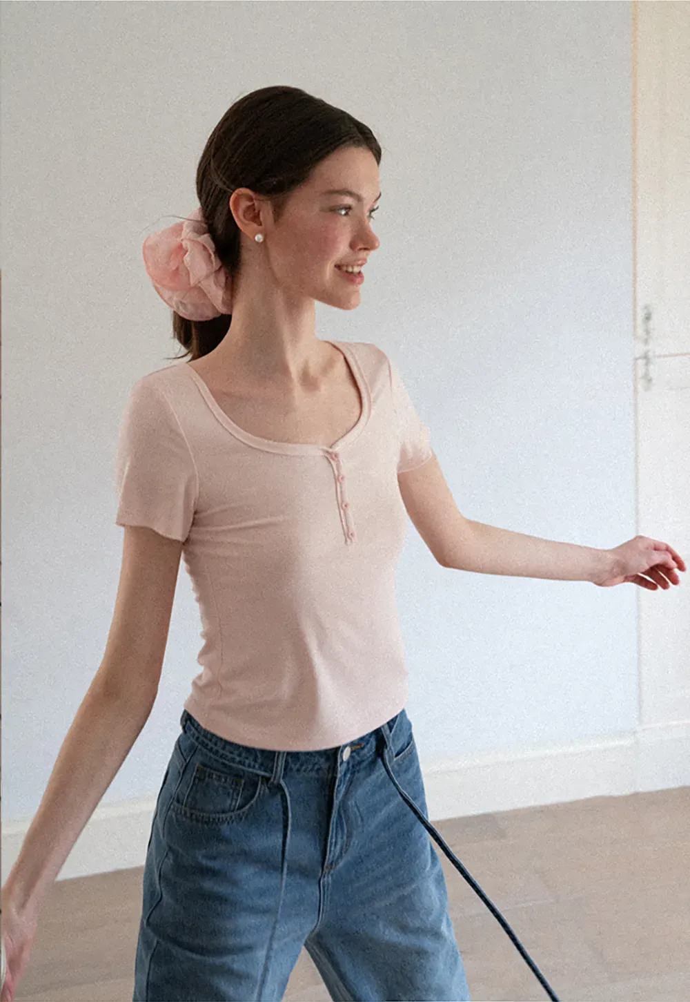 Square Neck Short Sleeve Knit T Shirt