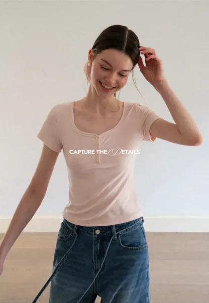 Square Neck Short Sleeve Knit T Shirt