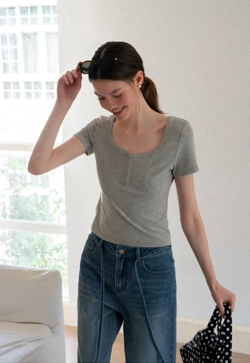 Square Neck Short Sleeve Knit T Shirt