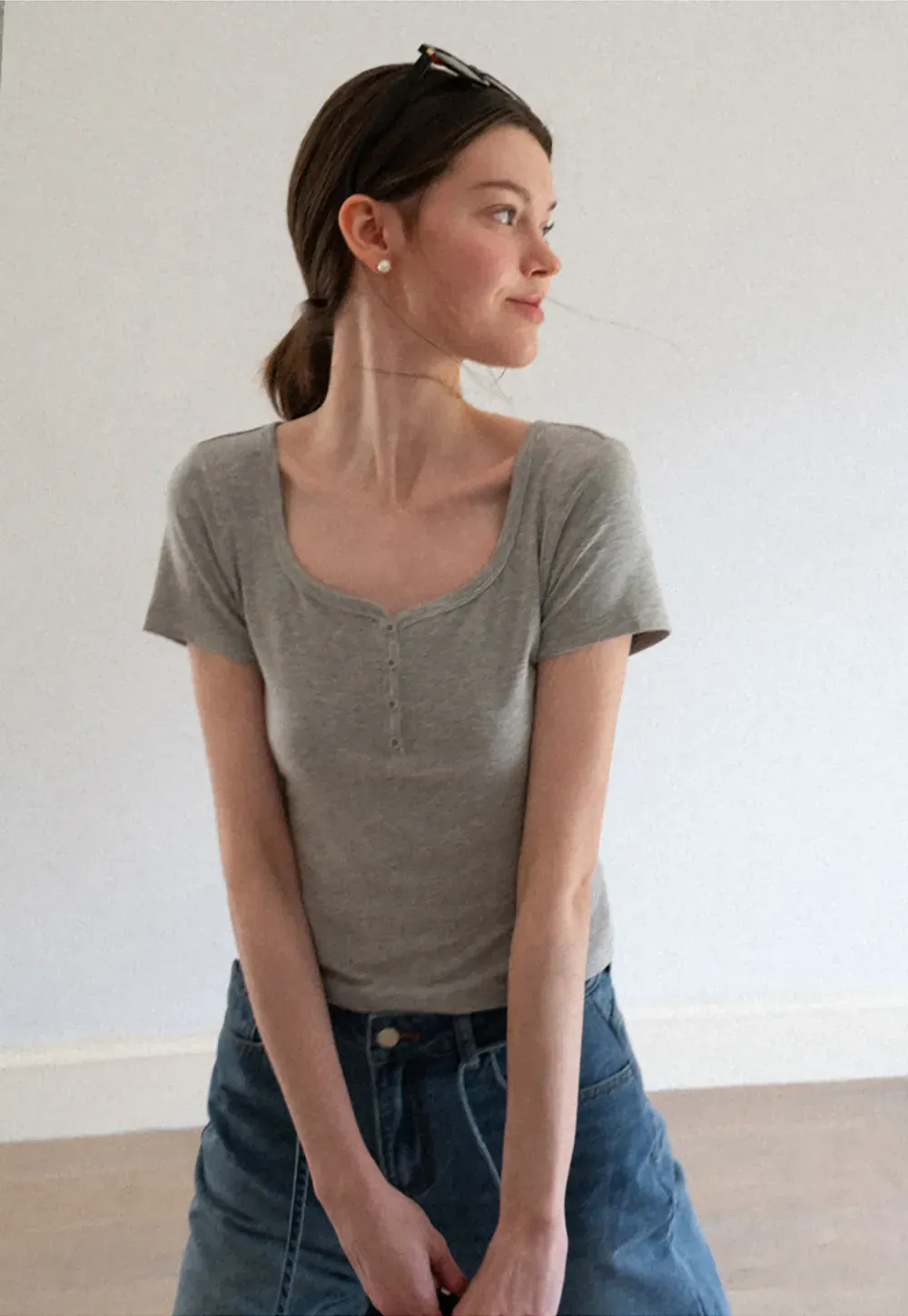 Square Neck Short Sleeve Knit T Shirt