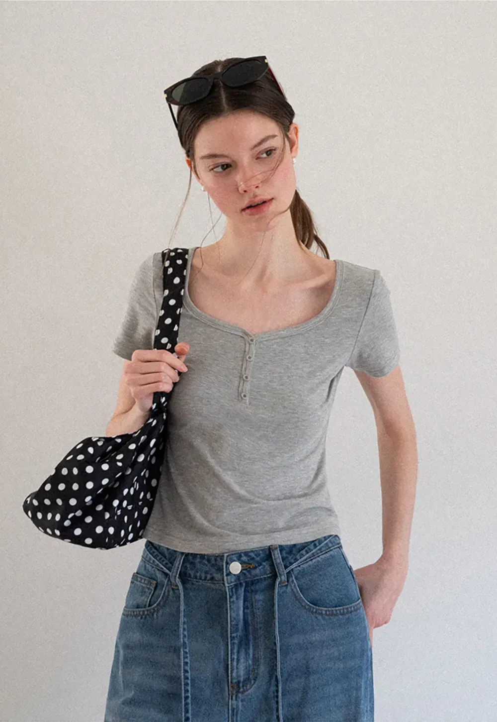 Square Neck Short Sleeve Knit T Shirt