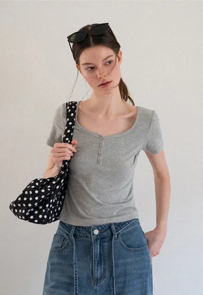 Square Neck Short Sleeve Knit T Shirt