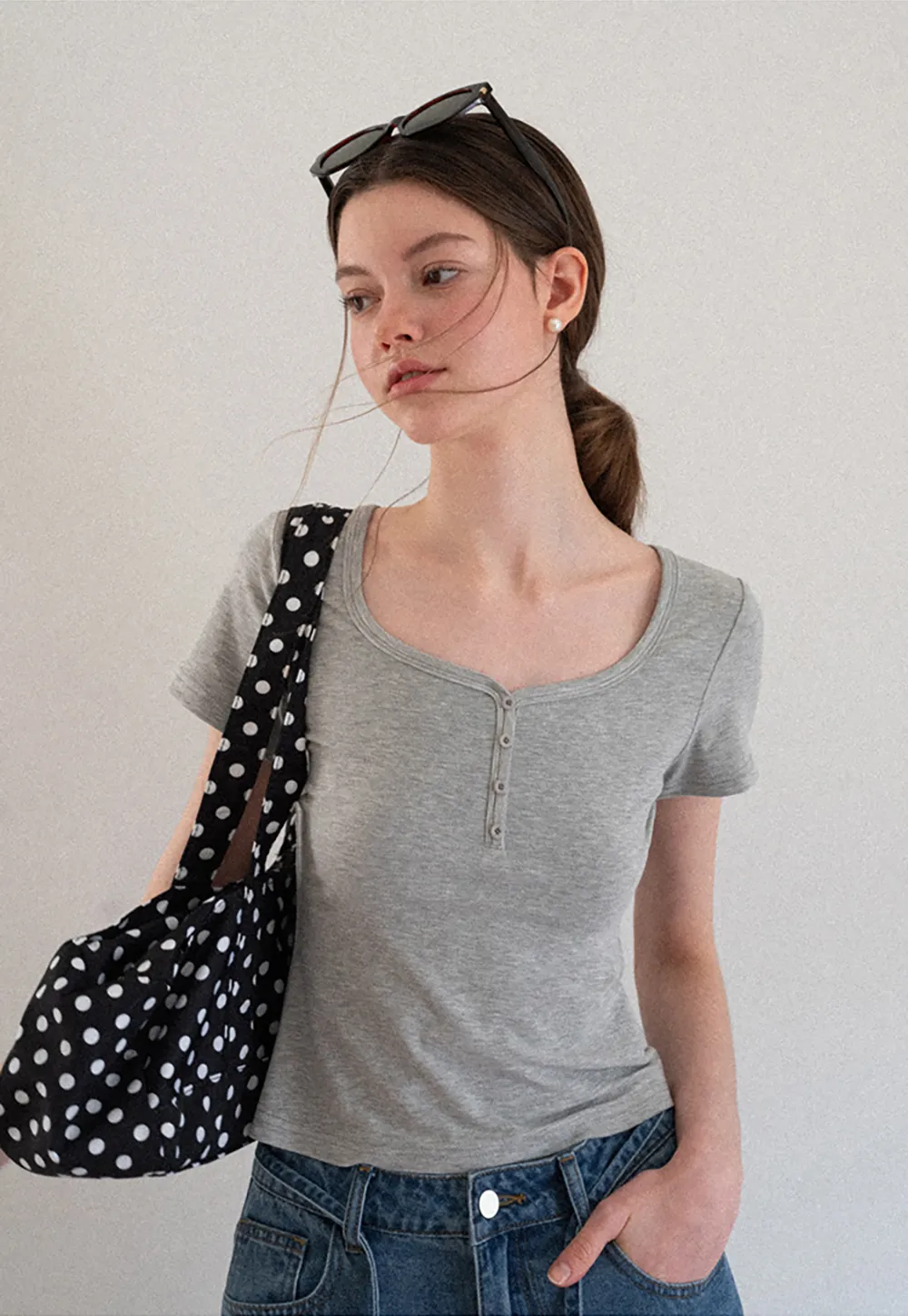 Square Neck Short Sleeve Knit T Shirt