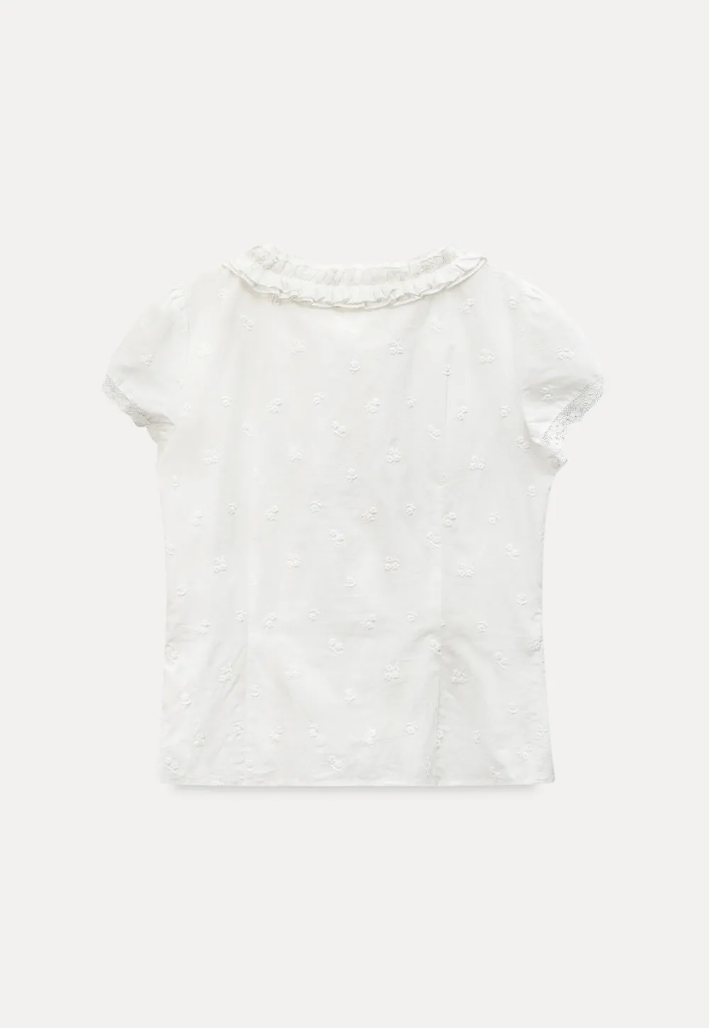 Embroidered short sleeve top with ruffled V neck and lace trim