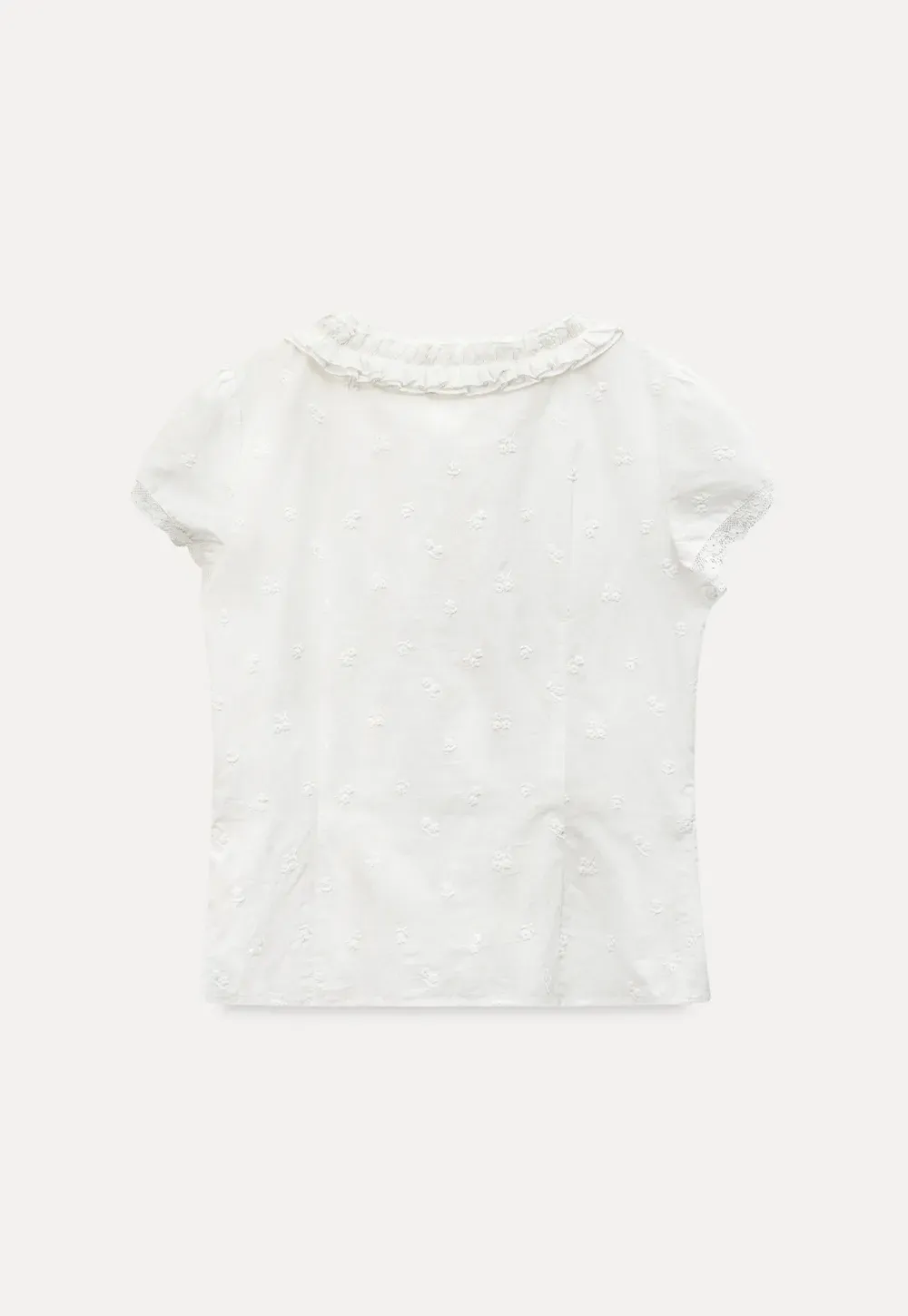 Embroidered short sleeve top with ruffled V neck and lace trim