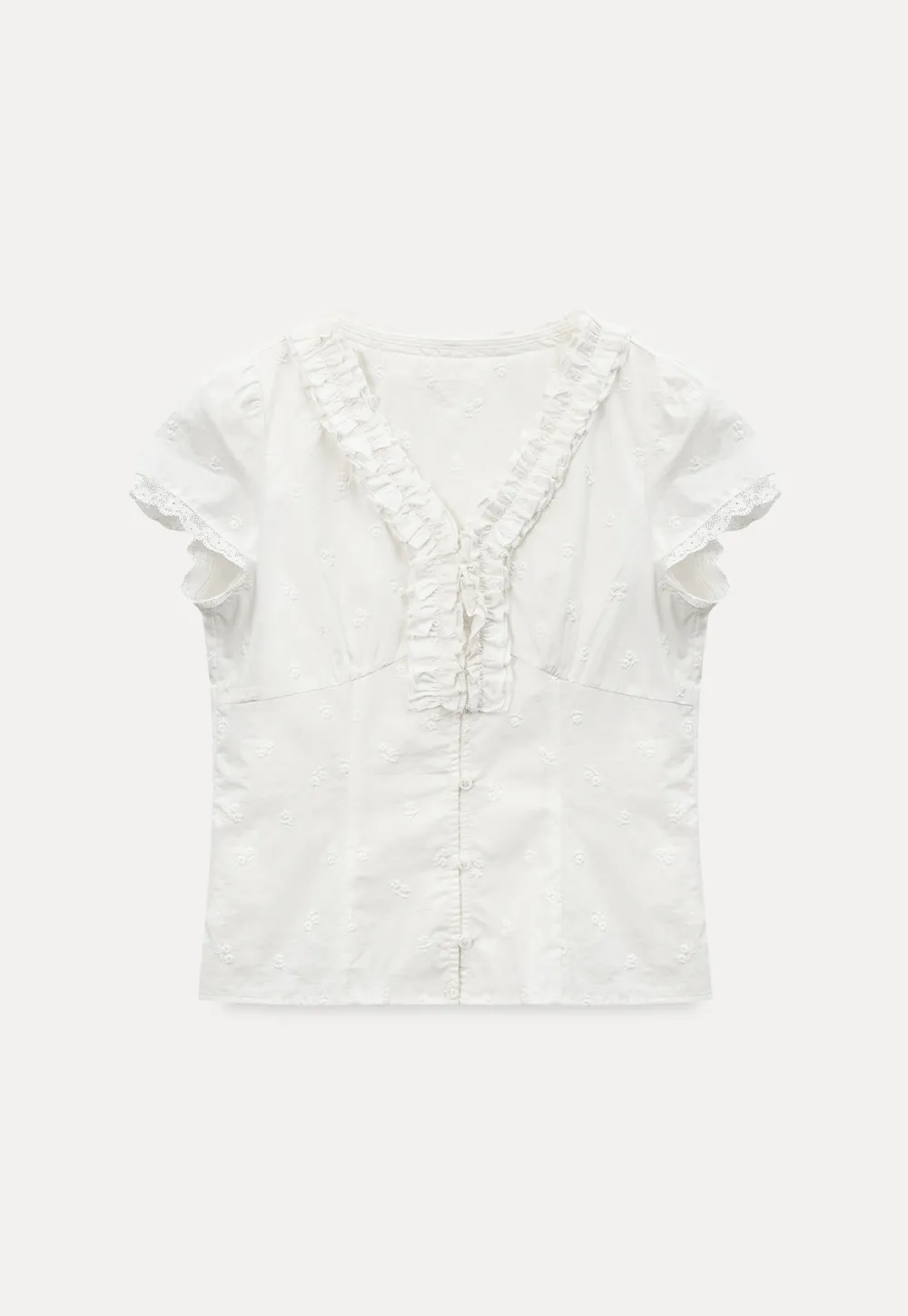 Embroidered short sleeve top with ruffled V neck and lace trim