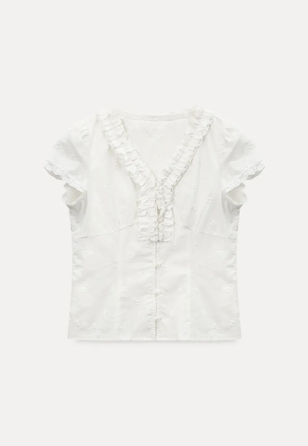Embroidered short sleeve top with ruffled V neck and lace trim