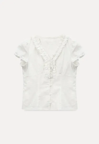 Embroidered short sleeve top with ruffled V neck and lace trim