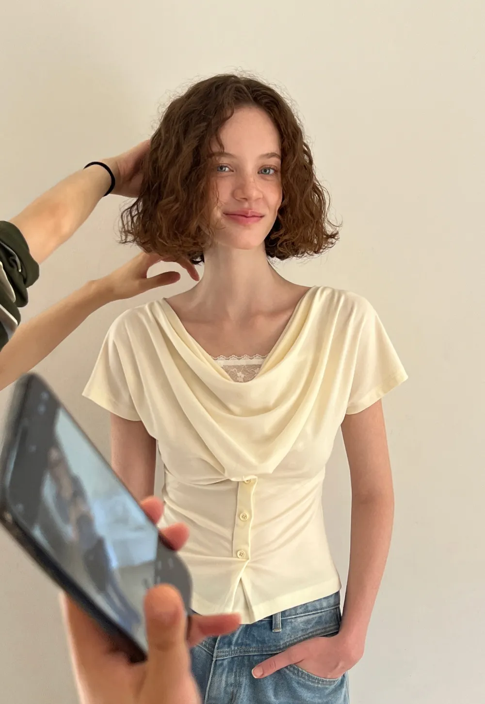 Cowl Neck Button Front Short Sleeve Tshirt