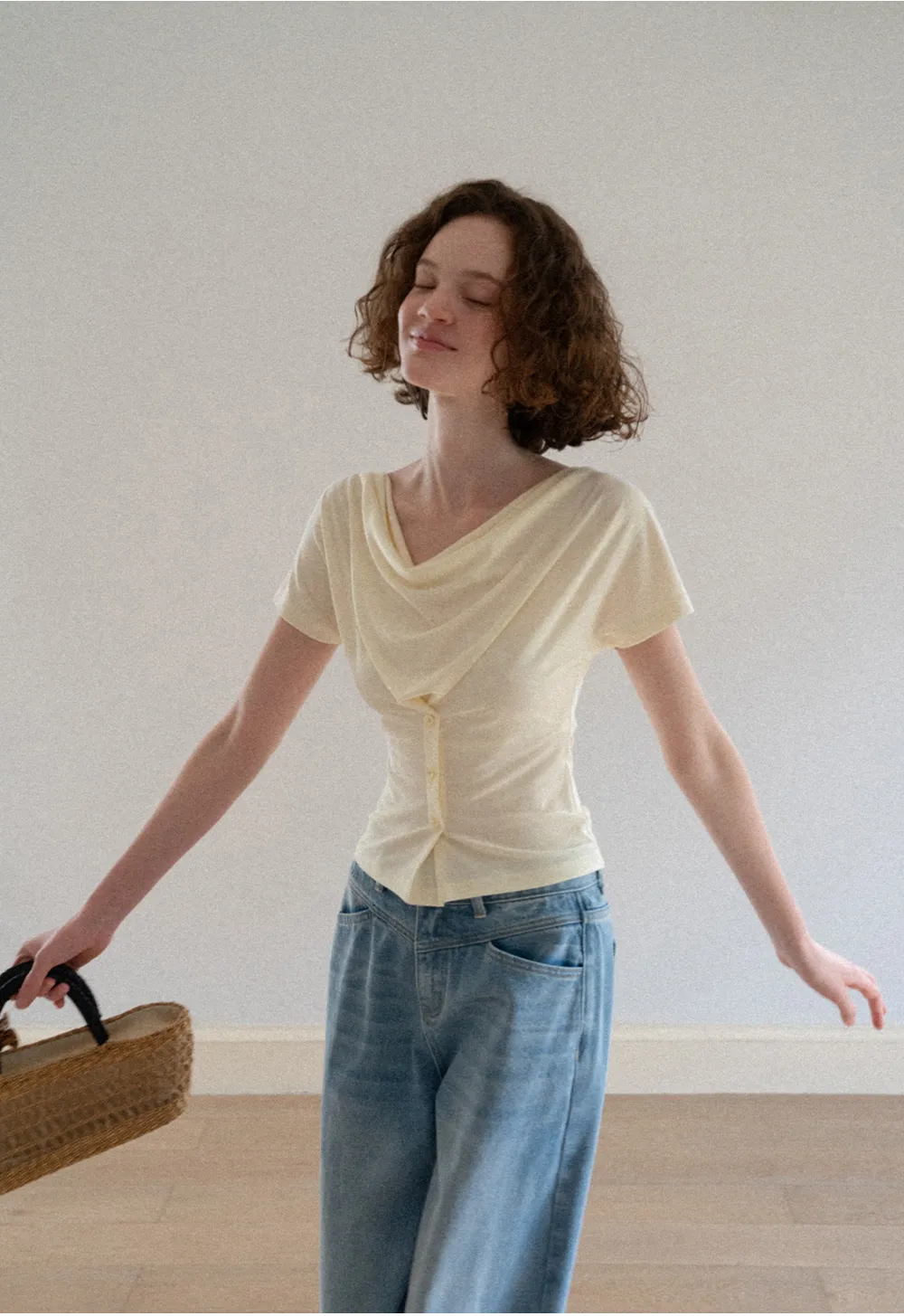 Cowl Neck Button Front Short Sleeve Tshirt