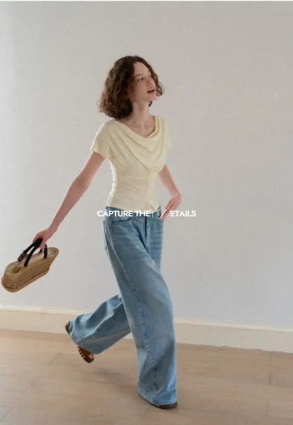 Cowl Neck Button Front Short Sleeve Tshirt