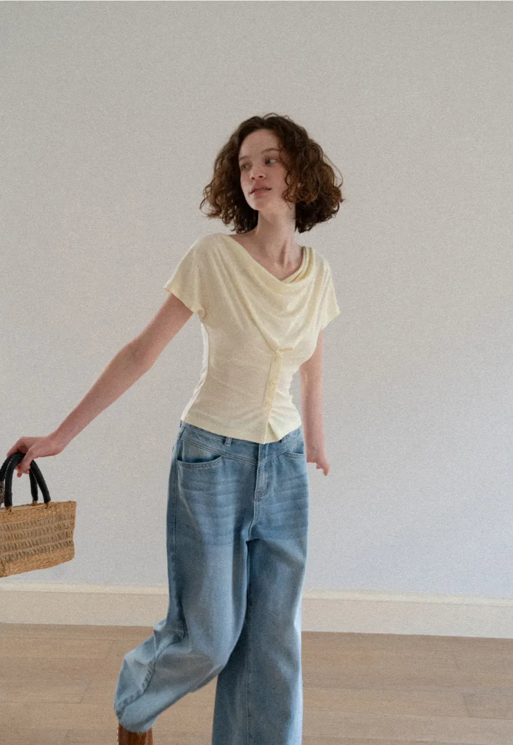 Cowl Neck Button Front Short Sleeve Tshirt