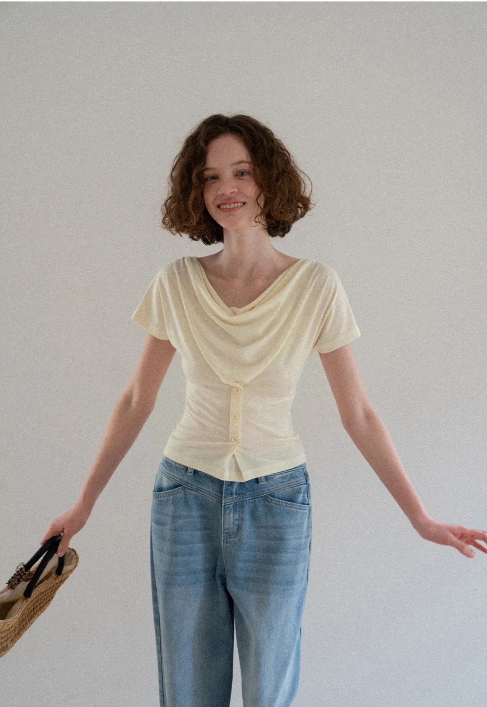 Cowl Neck Button Front Short Sleeve Tshirt