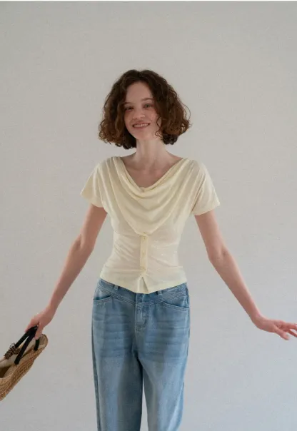 Cowl Neck Button Front Short Sleeve Tshirt