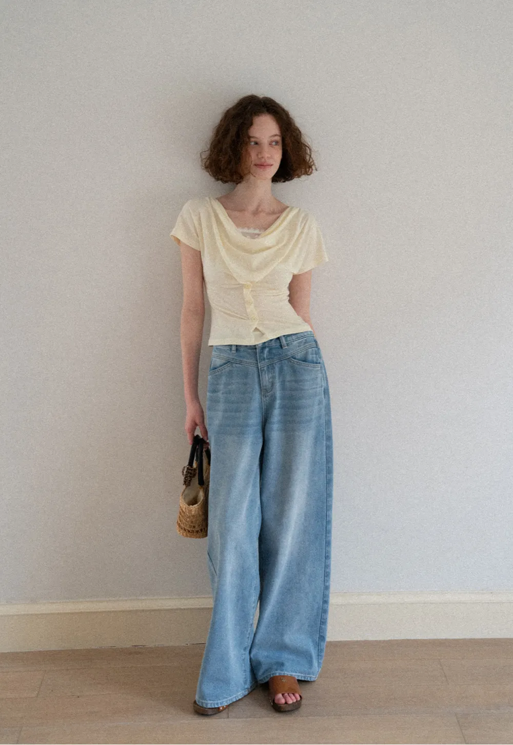 Cowl Neck Button Front Short Sleeve Tshirt