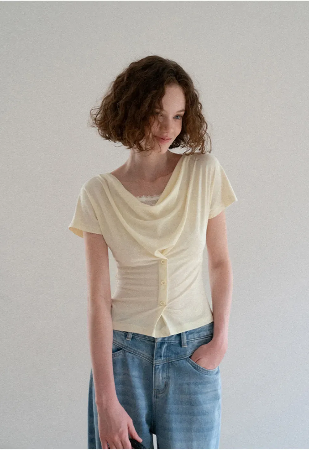 Cowl Neck Button Front Short Sleeve Tshirt