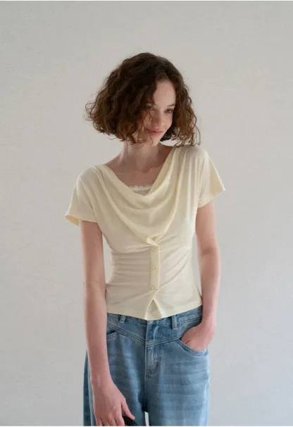 Cowl Neck Button Front Short Sleeve Tshirt