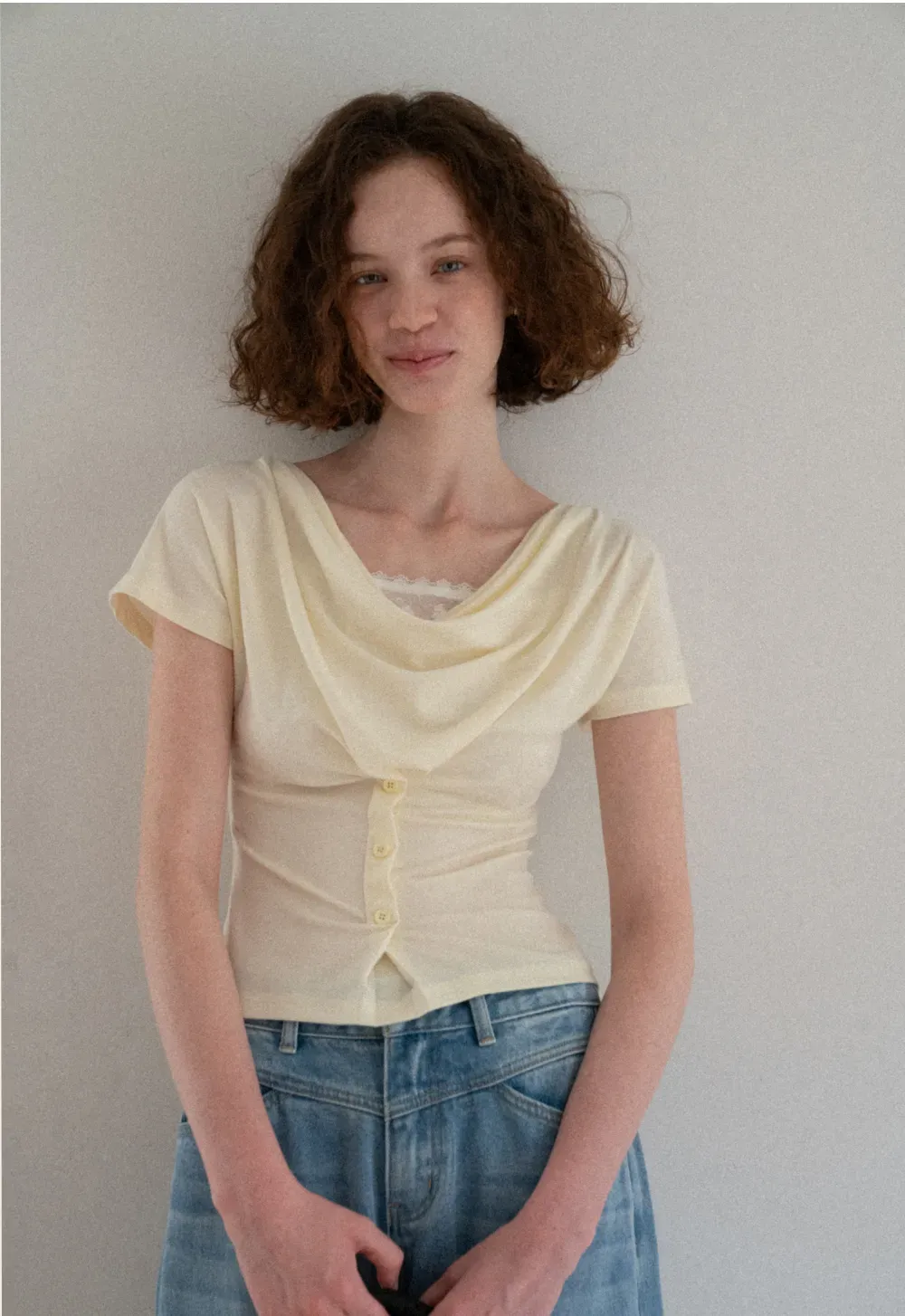 Cowl Neck Button Front Short Sleeve Tshirt