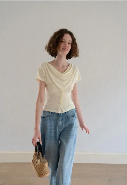 Cowl Neck Button Front Short Sleeve Tshirt