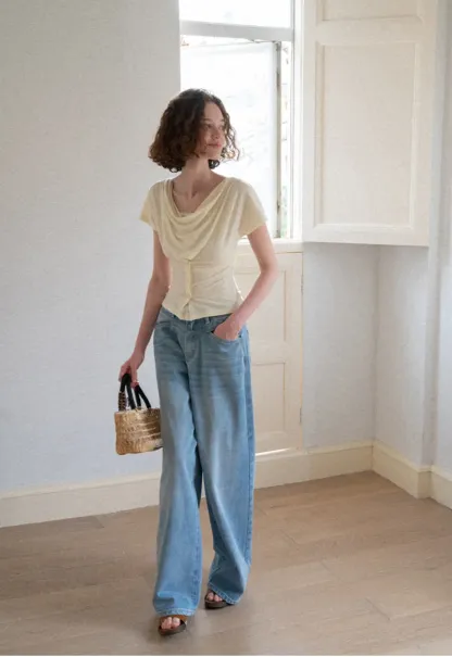 Cowl Neck Button Front Short Sleeve Tshirt