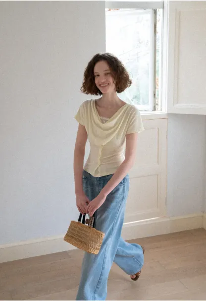 Cowl Neck Button Front Short Sleeve Tshirt