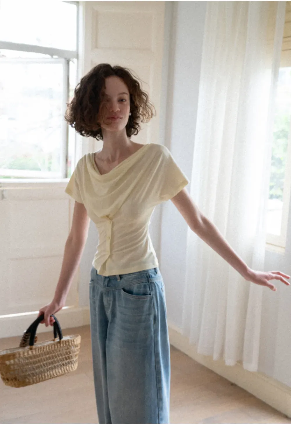 Cowl Neck Button Front Short Sleeve Tshirt