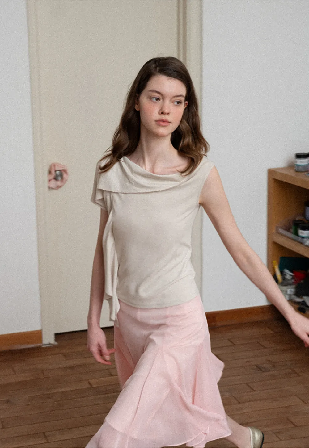 Asymmetrical Draped Cowl Neck Sleeveless Top