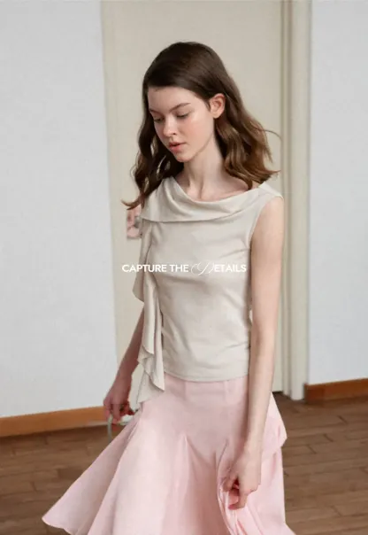 Asymmetrical Draped Cowl Neck Sleeveless Top