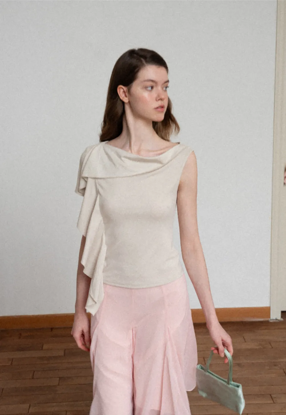 Asymmetrical Draped Cowl Neck Sleeveless Top