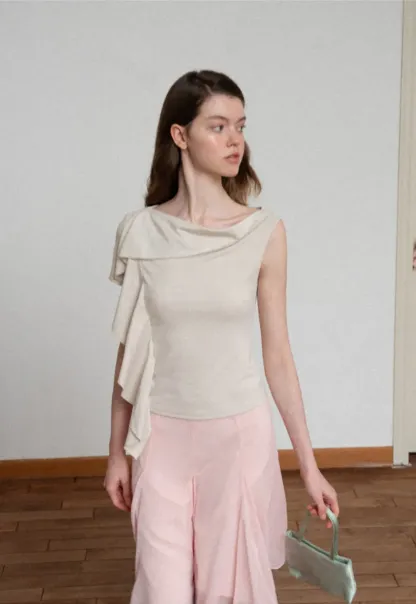Asymmetrical Draped Cowl Neck Sleeveless Top