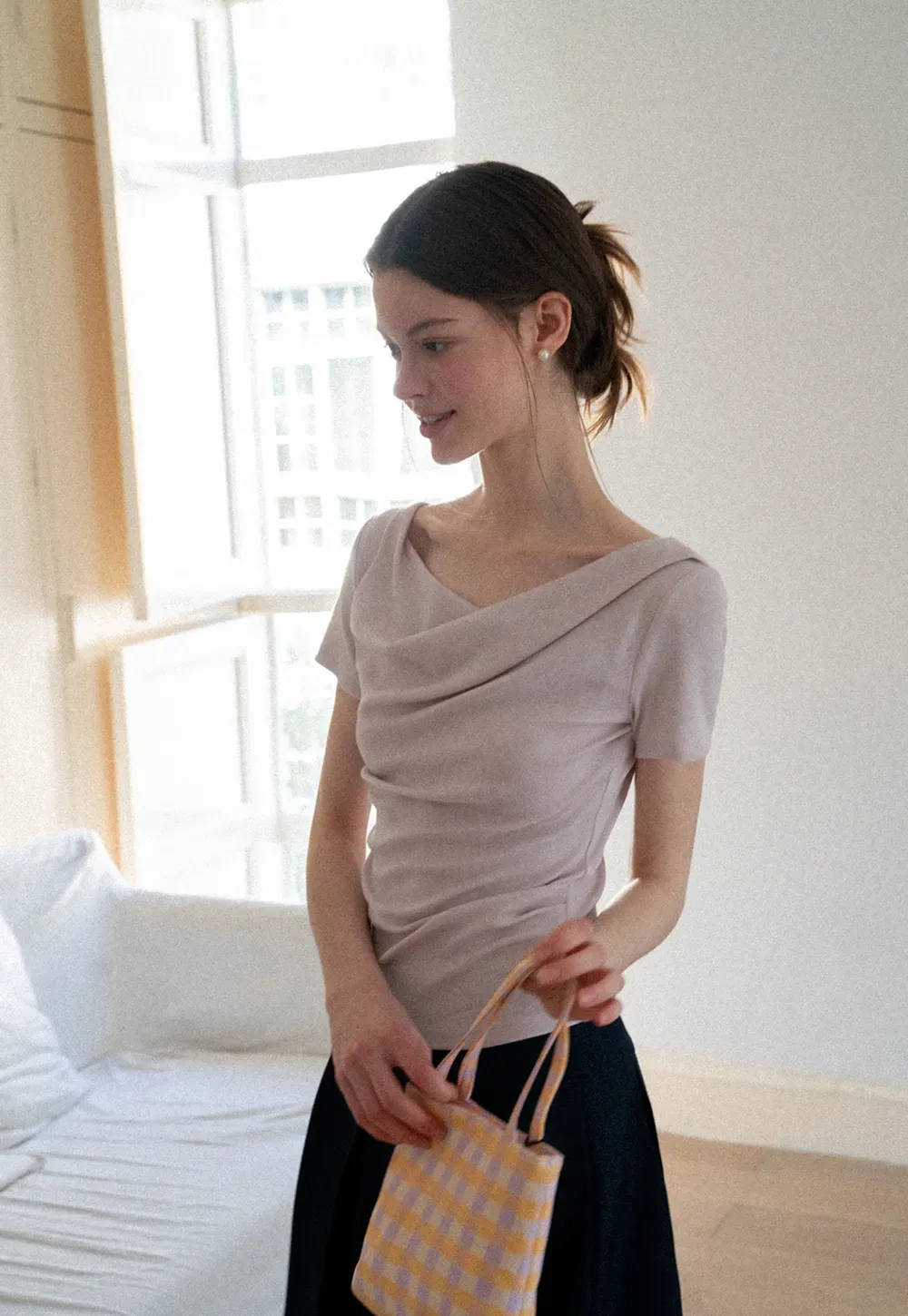 Asymmetrical Draped Neckline Short Sleeve Top