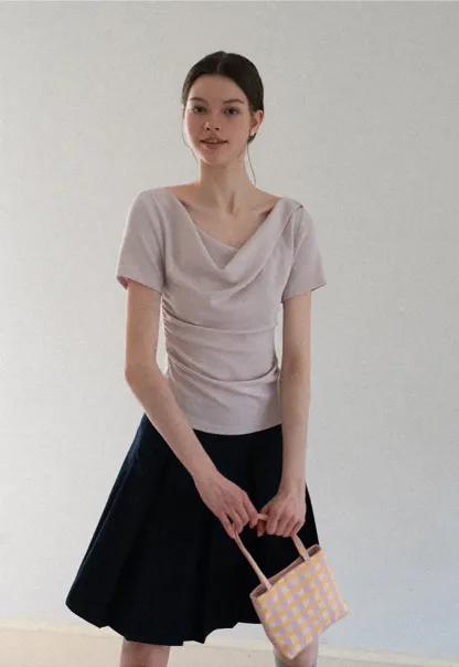 Asymmetrical Draped Neckline Short Sleeve Top