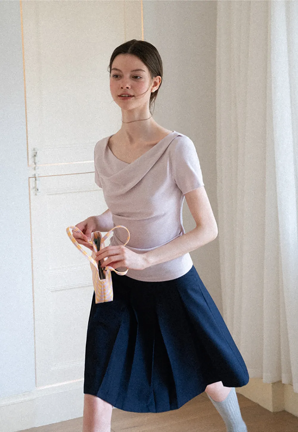 Asymmetrical Draped Neckline Short Sleeve Top