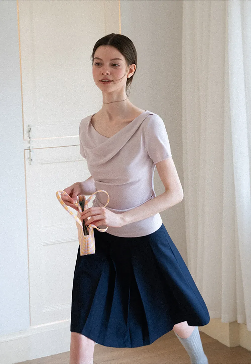 Asymmetrical Draped Neckline Short Sleeve Top