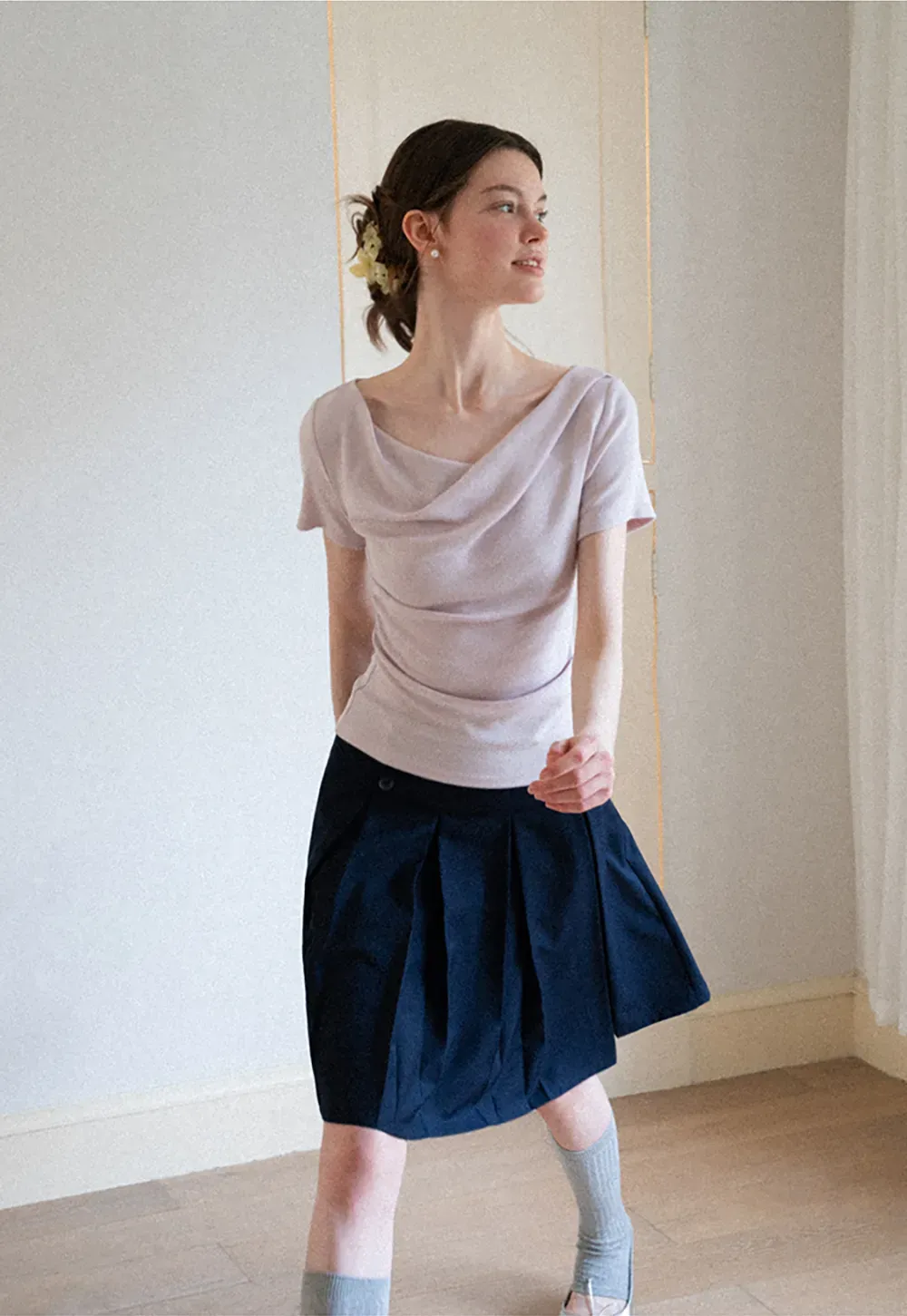 Asymmetrical Draped Neckline Short Sleeve Top