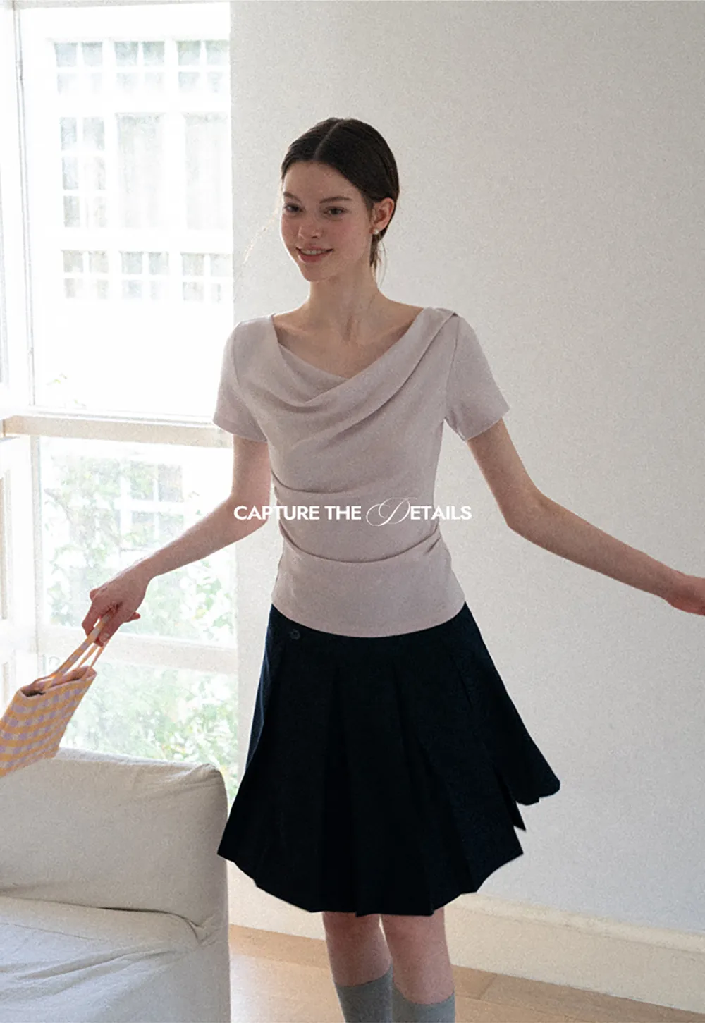 Asymmetrical Draped Neckline Short Sleeve Top