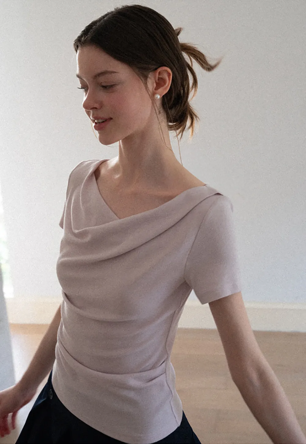 Asymmetrical Draped Neckline Short Sleeve Top