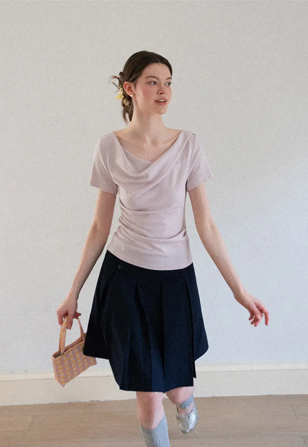 Asymmetrical Draped Neckline Short Sleeve Top