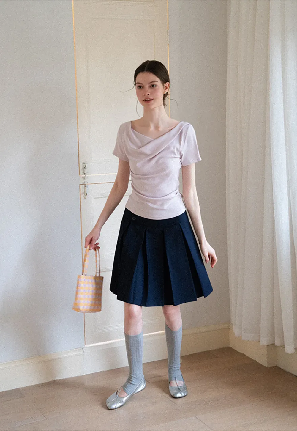 Asymmetrical Draped Neckline Short Sleeve Top