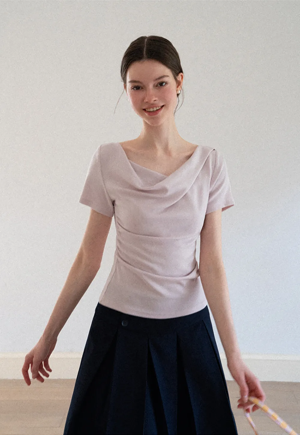 Asymmetrical Draped Neckline Short Sleeve Top